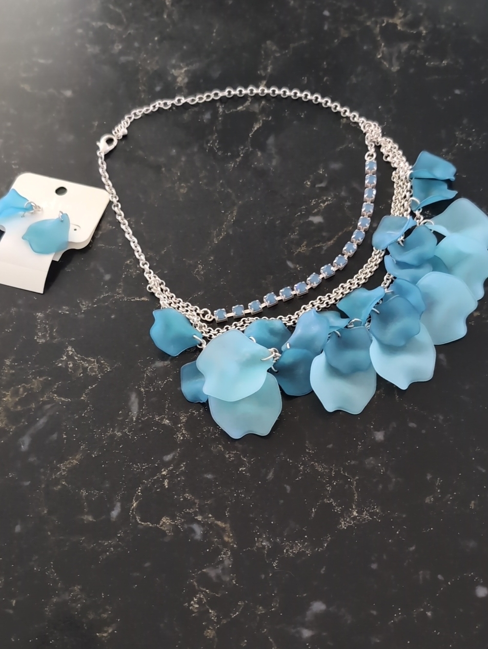 Charming Charlie Blue Layered Petal Necklace & Earrings Set
